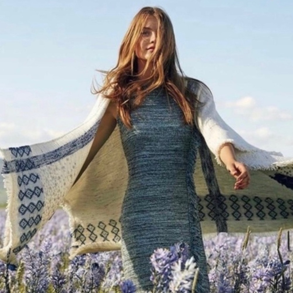 HOLDING HORSES ANTHROPOLOGIE BLUE FRINGE TWEED KNIT DRESS NWT